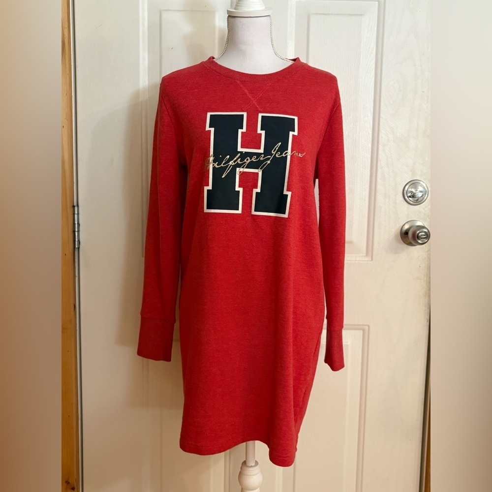 Tommy Hilfiger Sweatshirt Dress Large Center Logo Red Women's Medium